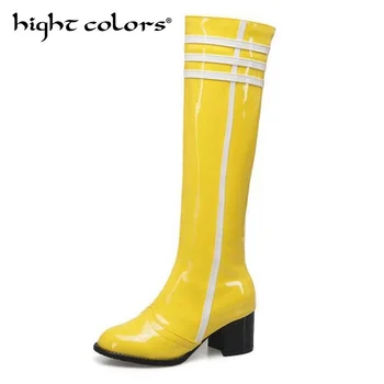 

Women knee Boots 6cm High Heels Color matching patent leather ladies boots Fashion Women Party Shoes large Size 45 46 47 48