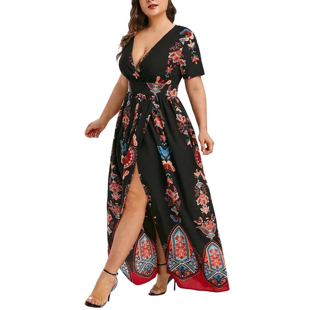 

Plus Size Dress Fashion Women Butterfly Printed Long Dress V-Neck Short Sleeve Casual High Waist Pleated Side Split Vestidos New