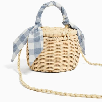 

BEAU-Women Bucket Handbag Scarves Straw Beach Tote Bag With Cover Wicker Mini Basket Shoulder Crossbody Bags