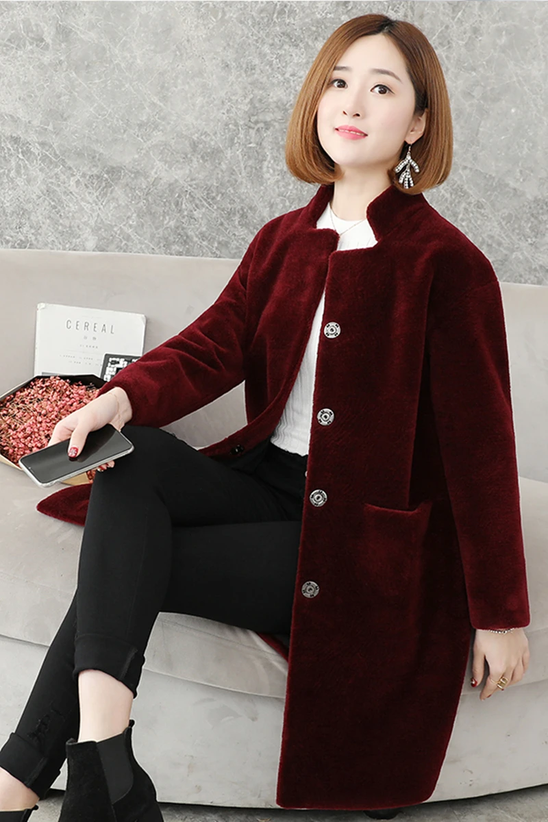 AYUNSUE плюс размер натуральный мех, шерсть пальто Женская зимняя куртка женская овечья стрижка Подставка для одежды воротник Корейский 5xl Abrigo Mujer KJ543 - Цвет: Wine red