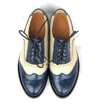Женские классические ботинки из натуральной кожи на шнуровке с круглым носом в ассортименте 20 цветов - Цвет: Blue  beige