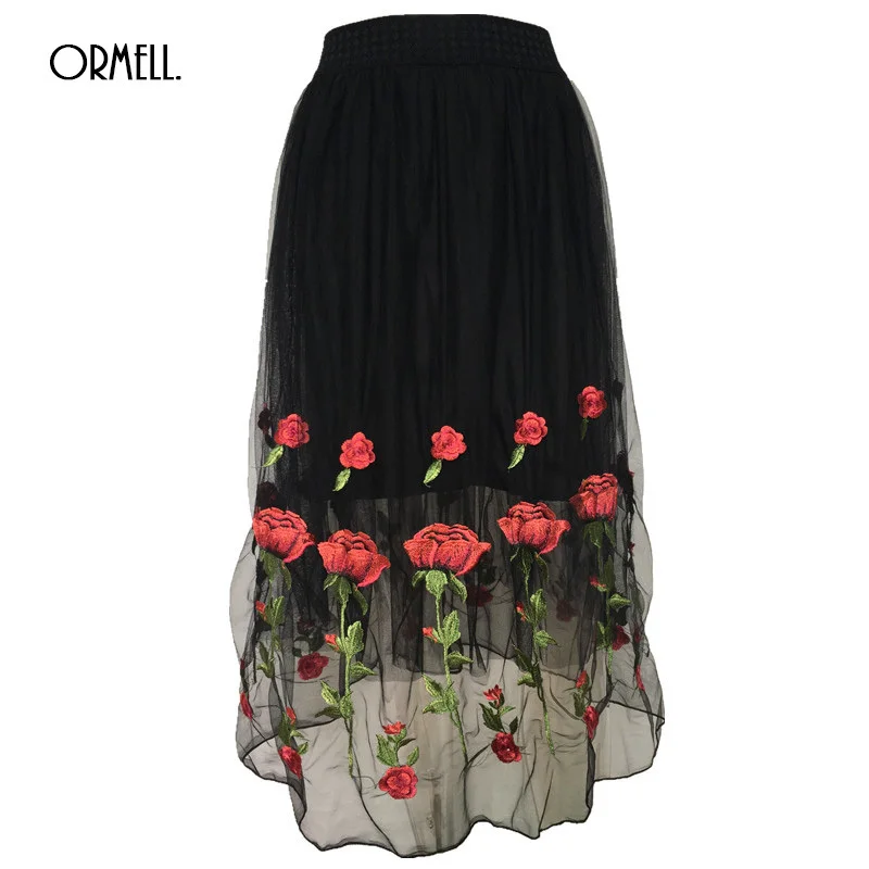 Ormell Women Elegant Rose Embroidery Tulle Skirt Ladies Girls Summer Fashion Retro Floral High Waist Pleated Black White Skirts Fashion Tulle Skirt Tulle Skirtskirt Ladies Aliexpress