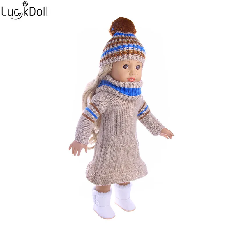 LUCKDOLL шляпа ручной работы+ шарф+ платье подходит 18 дюймов Американский 43cmBabyDoll одежда аксессуары, игрушки для девочек, поколение, подарок на день рождения