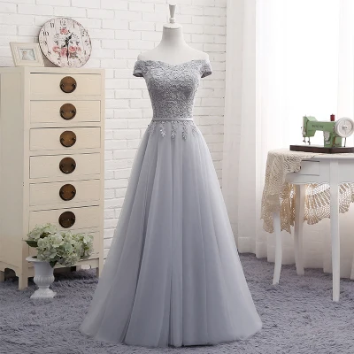 QNZL987#Off Shoulder Gauze gray lace up bridesmaid dresses new spring summer short Middle long style party prom dress girls - Цвет: Long 145cm