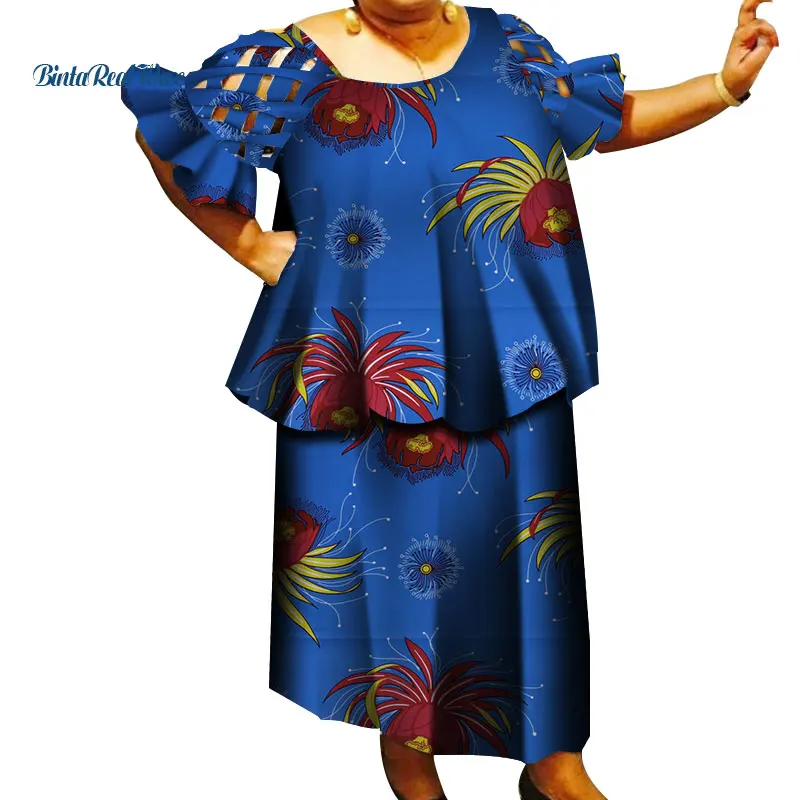 Bazin Riche топ с полым рукавом и юбки, комплекты для женщин, Повседневная традиционная африканская Женская одежда, 2 предмета, юбки, комплекты WY3996