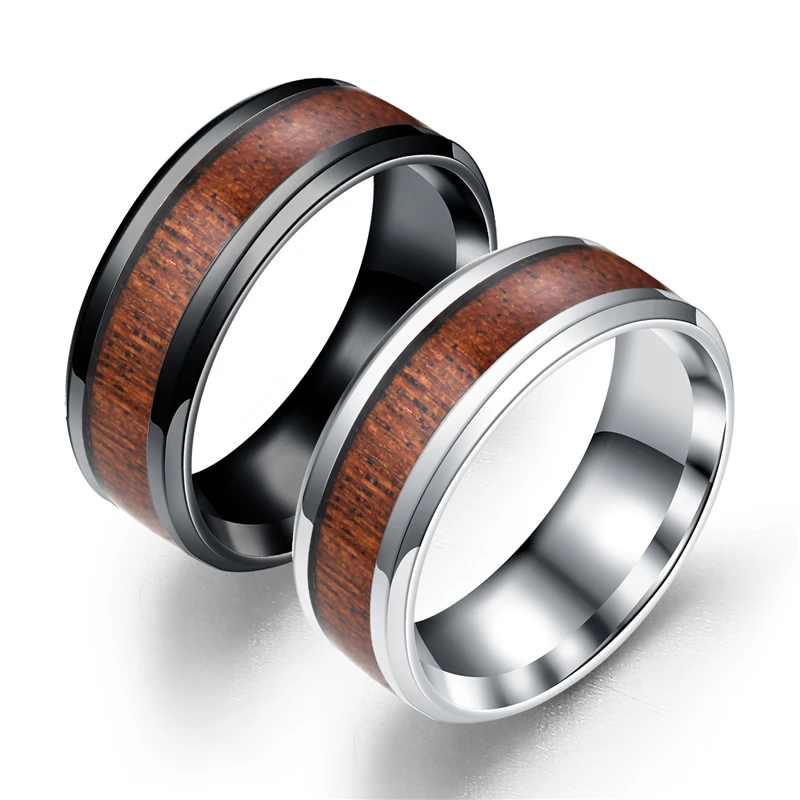 

Men Ring Stainless Steel Rings 8mm Wooden Inlay Wedding Engagement Ring Punk Unique Jewelry G-009