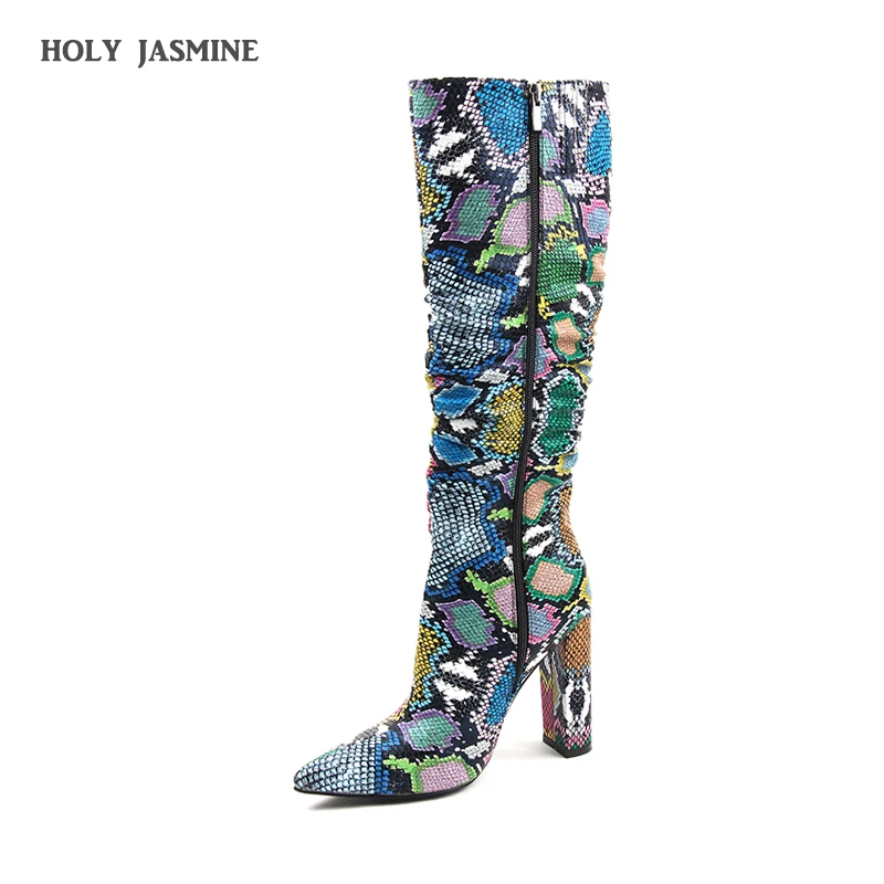 

2019 Autumn Snake Boots Fashion High Heels 11cm Over The Knee Boots Shoes Woman Pointed Toe Square Heel Sexy Serpentine Boots