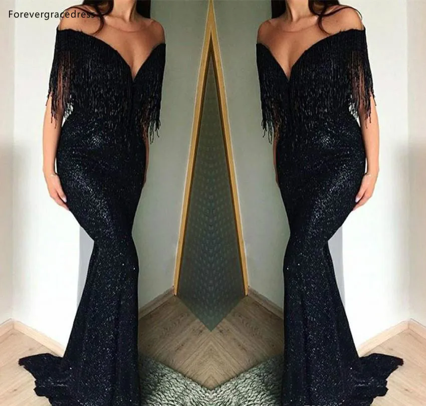 Black Prom Dresses Elegant Tassels Off Shoulder Sheer Scoop Neckline Mermaid Evening Gowns Reflective Party Dress Wear BC1086  145 (5)
