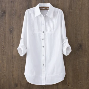 Cotton Shirt Women Fashion Turn Down Collar Pleated Trim Pintuck Button Long Sleeve Casual Work Tops Office Lady White Blouse