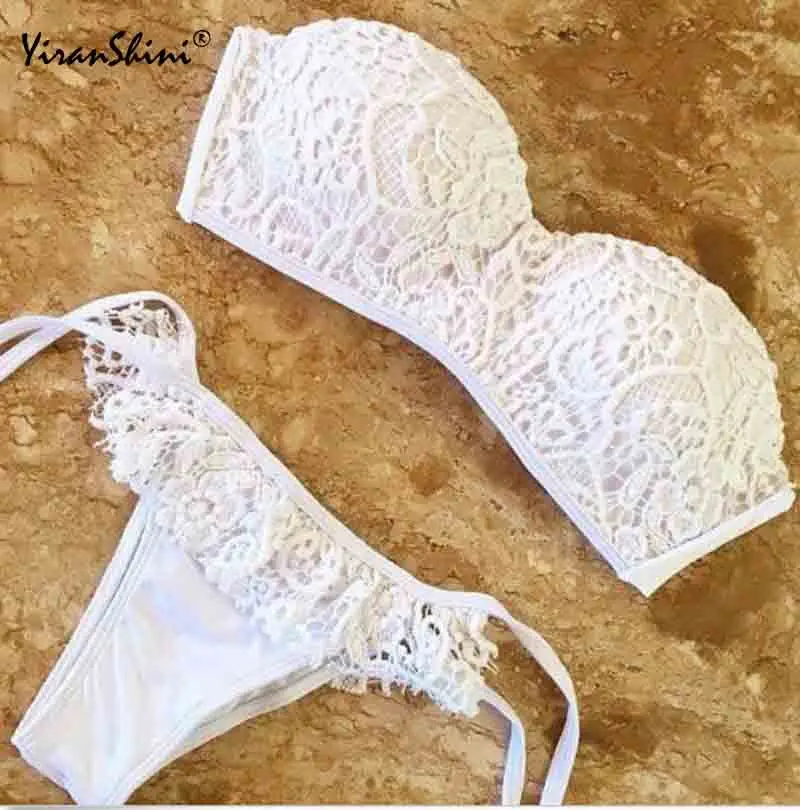 

YIRANSHINI White Sexy Lace Thong Bikini Women Bandage Swimsuit Push Up Bikini Set Brazilian Bathing Suits Maillot De Bain Femme