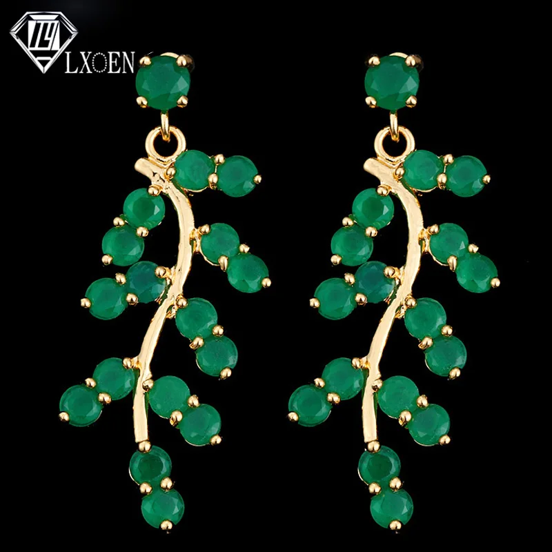 LXOEN богемные длинные висячие серьги с зеленым листом, с золотым кристаллом, циркониевые серьги для женщин, ювелирное изделие, подарок brinco