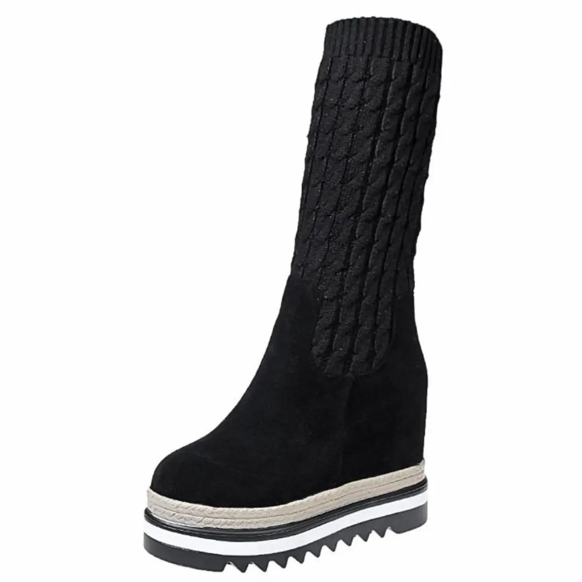 Koovan/женские ботинки; коллекция года; сезон осень-зима; новые ботинки; женские теплые студенческие ботинки на толстой платформе и высоком каблуке, увеличивающие рост - Цвет: Черный