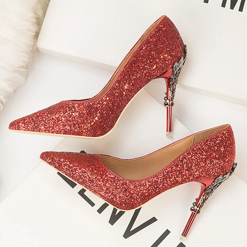 Ou Mo brand high quality sandals women?s High heels 10 cm Sequin Metal heel material Womens Party Shoes Nightclub Pump