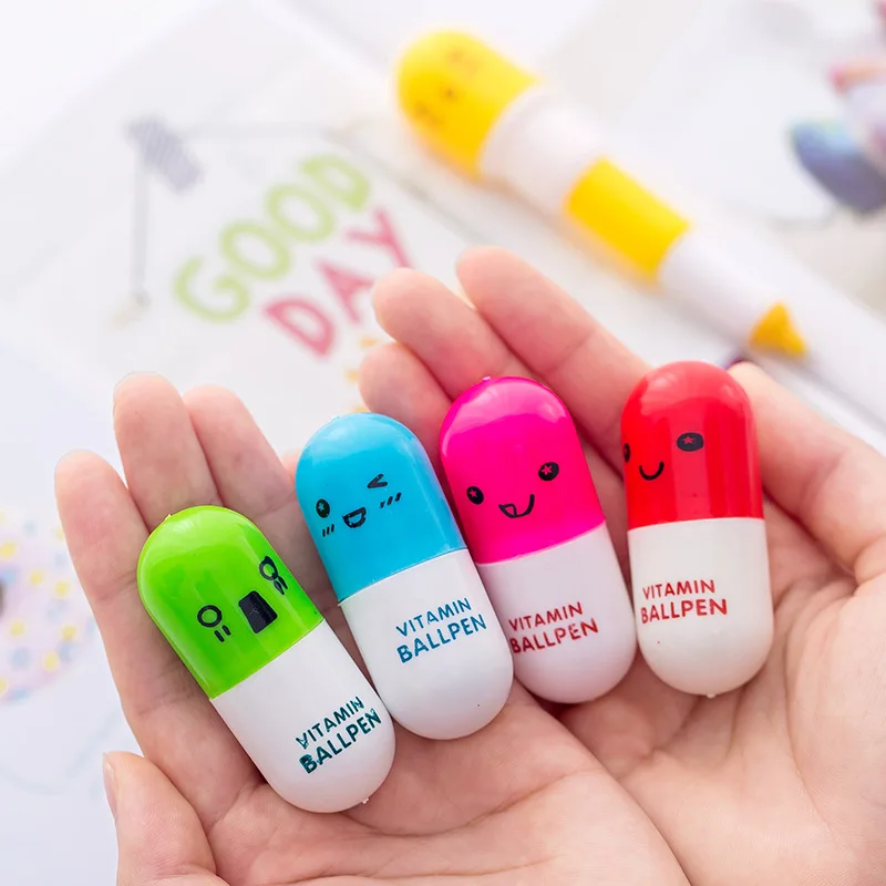 

3X Creative Vitamin Pill Capsule Style Emoji Mini Stretch Ballpoint Pen School Ball Pen Kids Student Stationery Promotion Gift