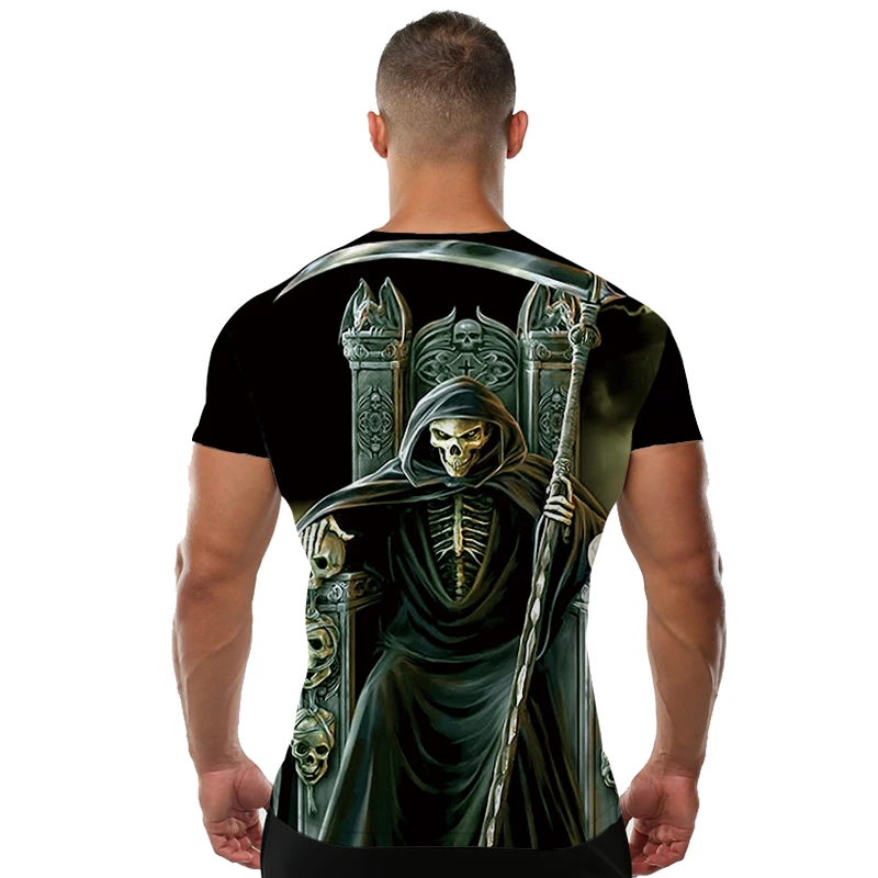Мужская футболка KYKU черная облегающая в стиле хип хоп с 3d принтом|skull tshirt|men summert