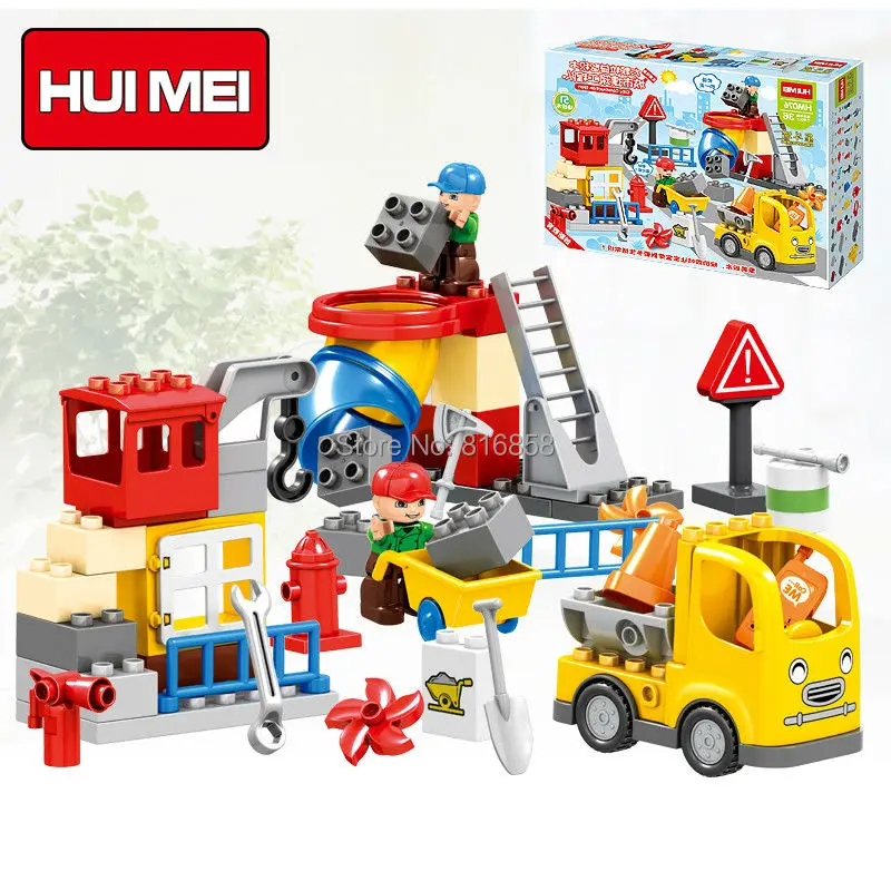 Original HUIMEI 51PCS City Construction Team Worker Truck Crane Educational Brick Set Kids Toys Compatible Duplo