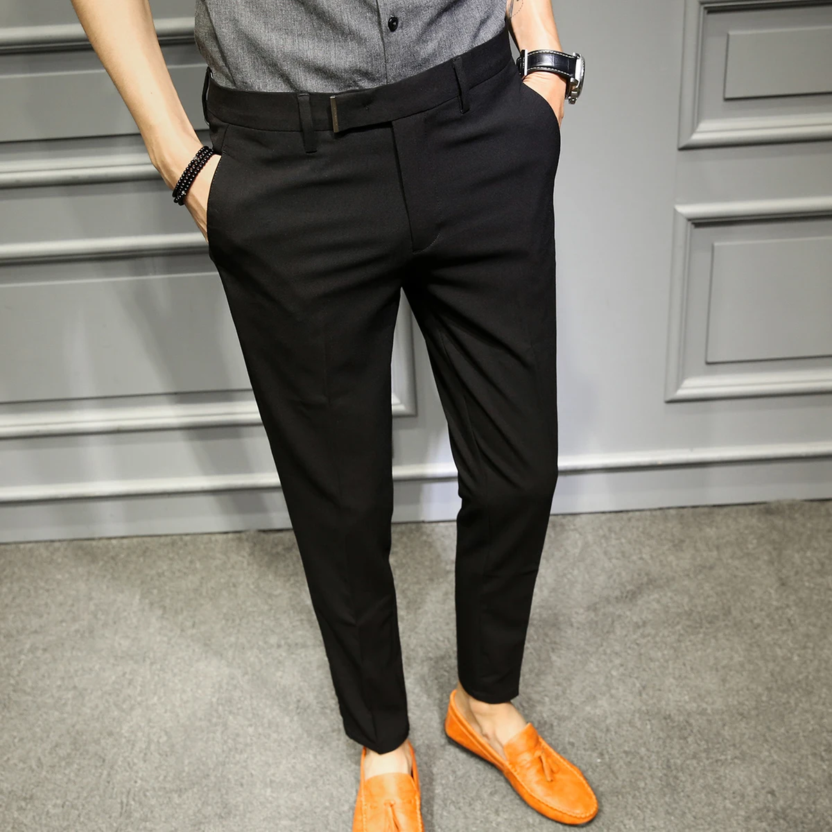 Корейские облегающие мужские брюки, черные темно-синие однотонные деловые повседневные офисные брюки, брюки Tuta Uomo, Стрейчевые брюки - Цвет: Black