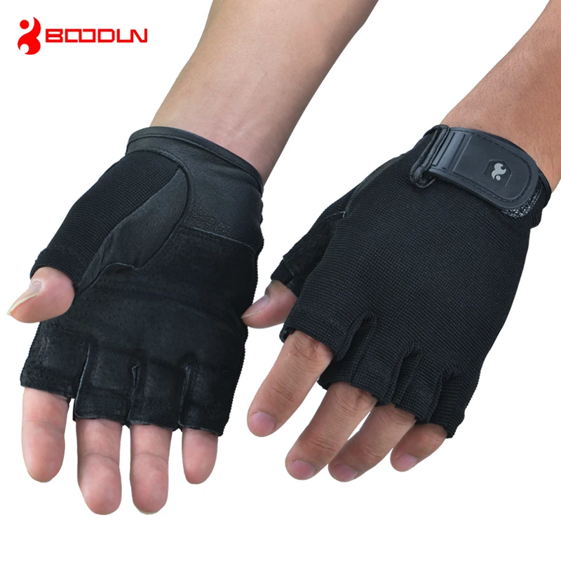 Weightlifting Gym Fitness Body Building Training Pure Leather Gloves Black 