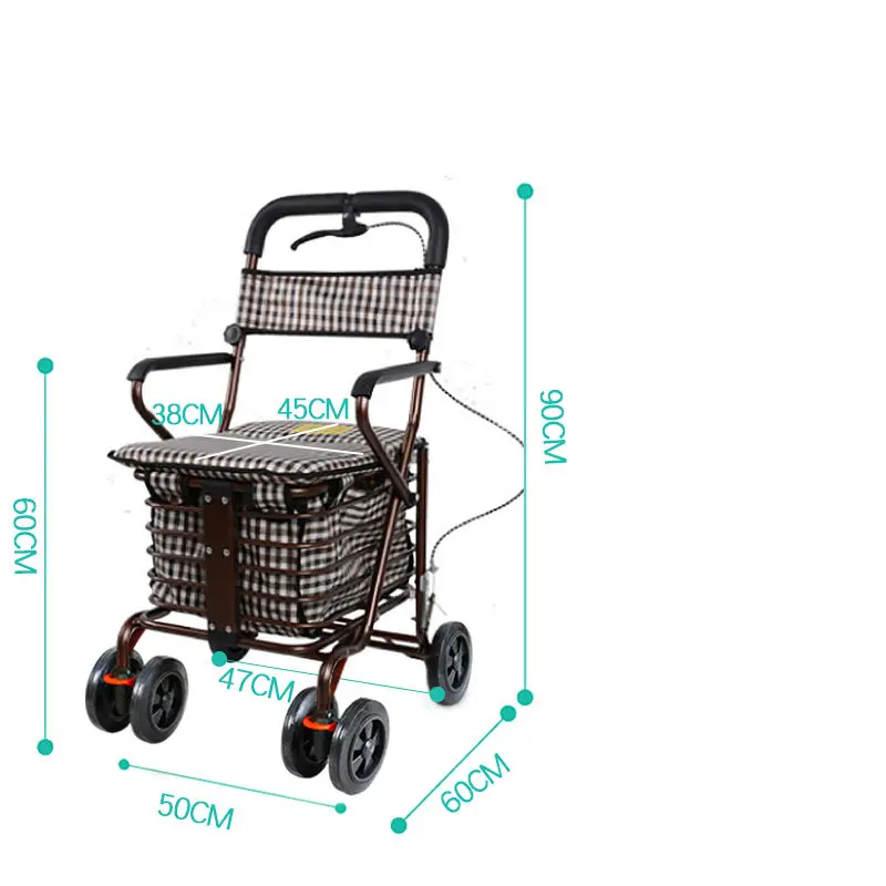 Складная переносная корзина для покупок может быть толкана или сидится для пожилых людей нагрузка 150 кг тележка четыре колеса прокатки стали железа - Цвет: Brown