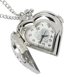 Модные Серебристый в форме сердца Прекрасный Полые Элегантные кварцевые карманные часы цепочки и ожерелья подвеска для девушки женщины