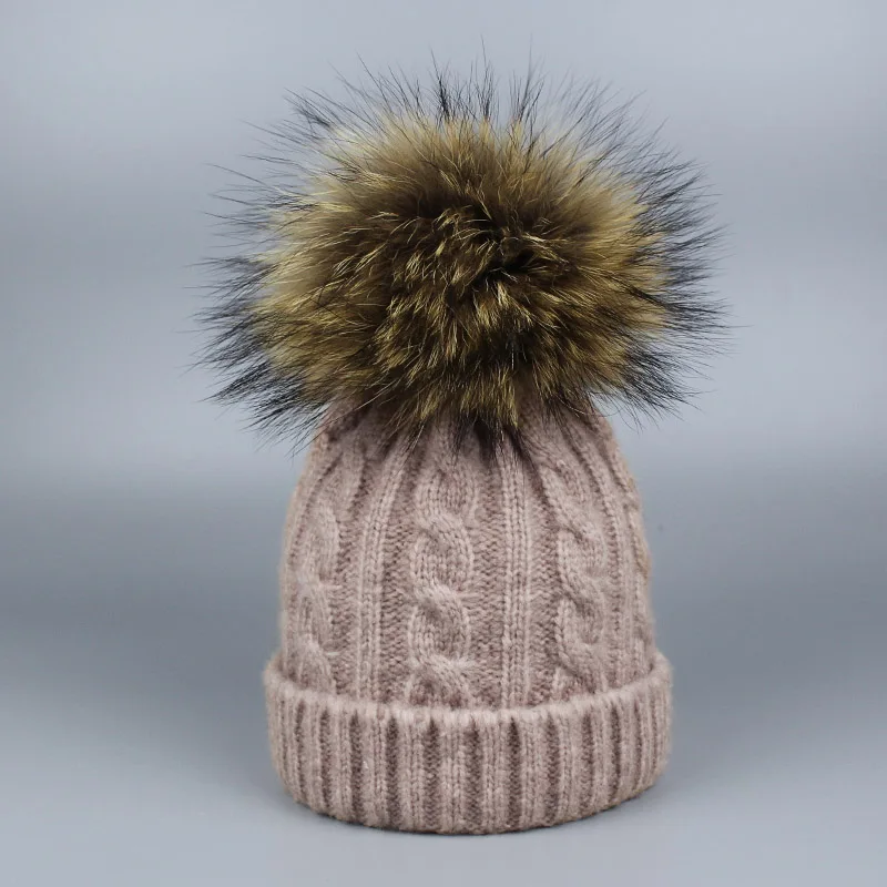 Детская теплая шапка и шарф, зимние шапки с маской помпоном из натурального кроличьего меха, зимняя шапка для женщин и мужчин, вязаная шапка высокого класса - Цвет: Pink hat