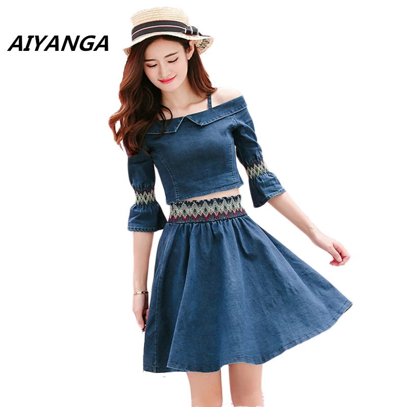 2017 new fashion denim women sets off shoulder crop tops slim half