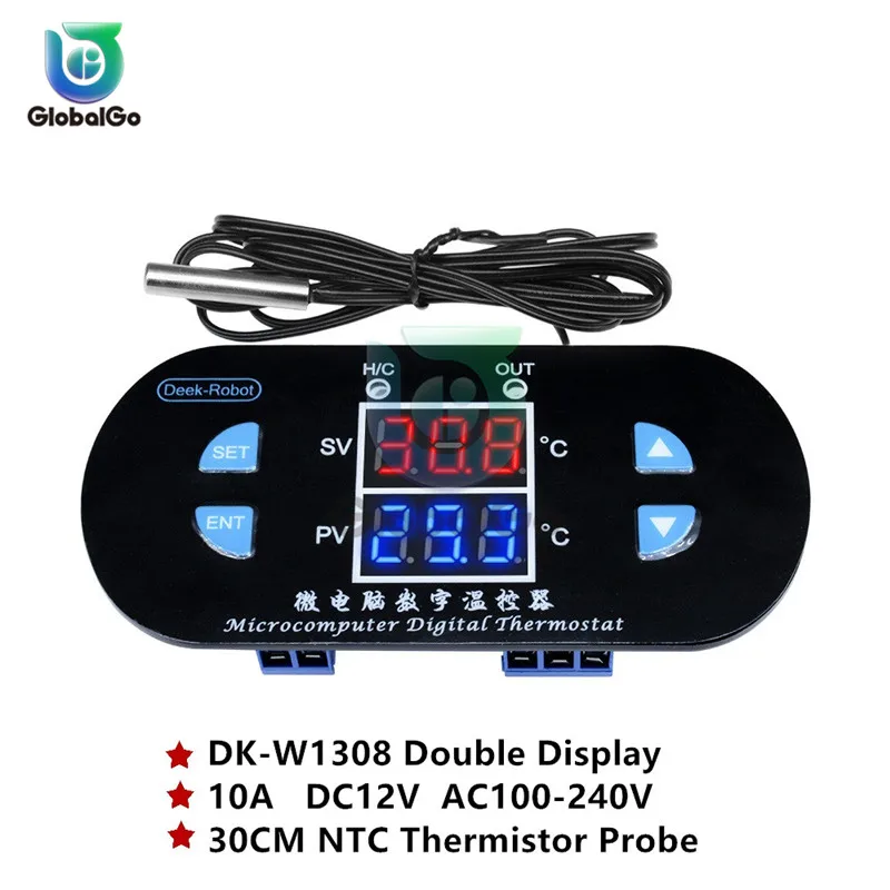 

DC12V AC100-240V 10A Double LED Digital Thermostat Temperature Controller Regulator Switch DK-W1308 NTC Thermistor Probe 30CM