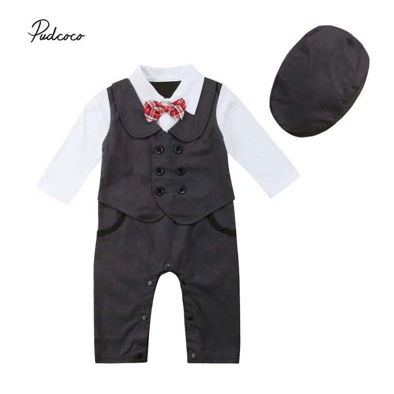 

Pudcoco 2018 Newborn Baby Boys Clothes Set Gentleman Formal Suit Romper Jumpsuit Tuxedo+Hat Autumn Outfit Clothes 0-24M