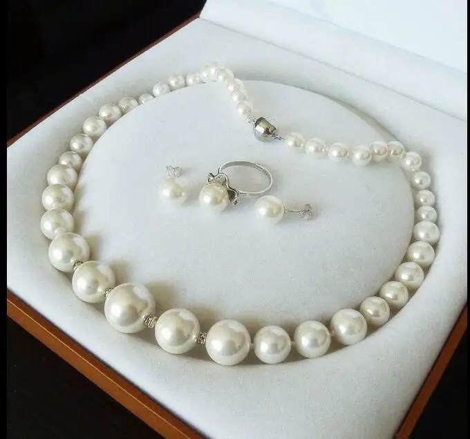 Женский ювелирный набор, 8-16 мм, 8-18 мм, круглая бусина, белое натуральное жемчужное ожерелье с южным морским жемчугом+ серьги-гвоздики+ кольцо - Окраска металла: 8-16mm