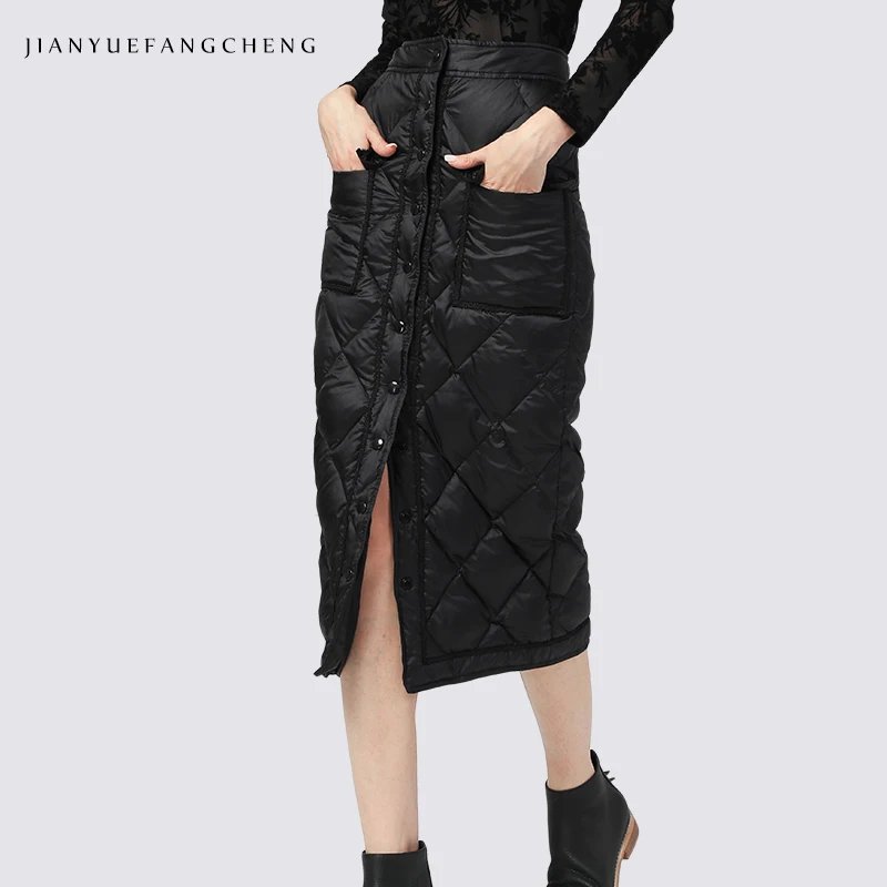 

Casual Warm Down Skirt Womens Pencil Black Long Skirt High Waist Winter Plus Size Button Package Hip Ladies Skirts 2018 Jupe
