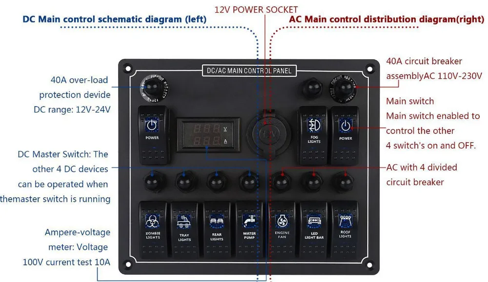 10 банд Авто/морской/лодка/яхта AC/DC кулисный переключатель панель Carling переключатель панель с Вольт-метром с 12 В Прикуриватель разъем