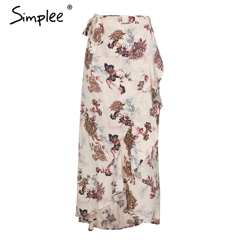 Simplee Rüschen wrap boho maxi rock frauen Asymmetrische schärpe hohe taille rock lange Casual floral print strand sommer rock weibliche
