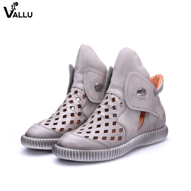 

Hollow Out Women's Boots New Arrival Female Casual Shoes Genuine Leather Hook & Loop Breathable Soft Vintage Lady Flat Boot