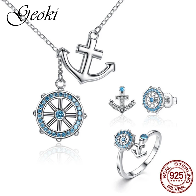

Geoki 925 Sterling Silver Micro Blue Cubic Zirconia Anchor Rudder Earrings&Ring Original S925 CZ Ocean Sailing Pendant Necklace