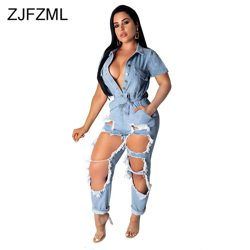 Hollow Ripped Loose Denim Jumpsuit Women Turn Down Collar