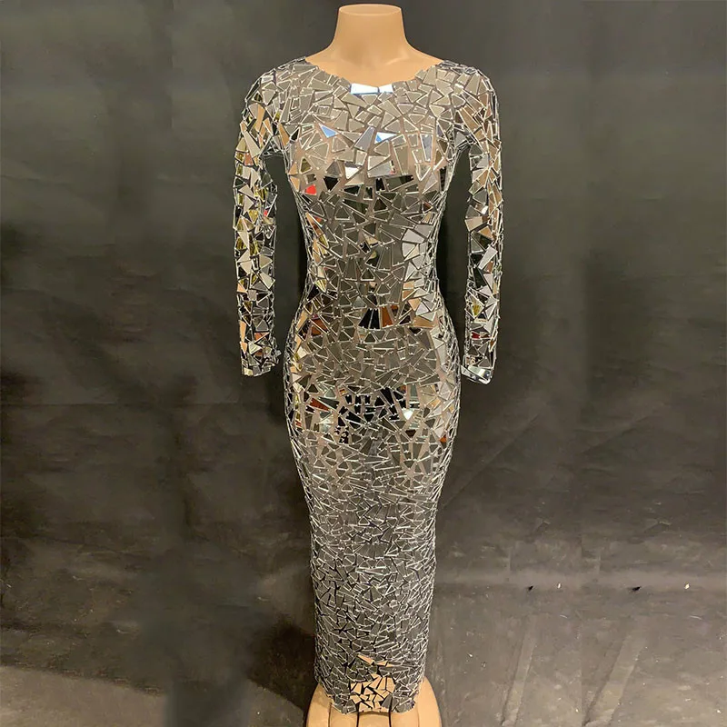 

2019 New Women Sexy Net Yarn Long Dress Silver Sparkle Mirrors Nightclub Party Stage Wear Dancer Singer Bling Costumes DJ DS