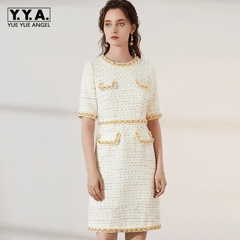 

New Summer Chic Tweed Dress Female High Waist Office Dress Women Round Neck White Wool Dresses Party Night High Quality Vestido