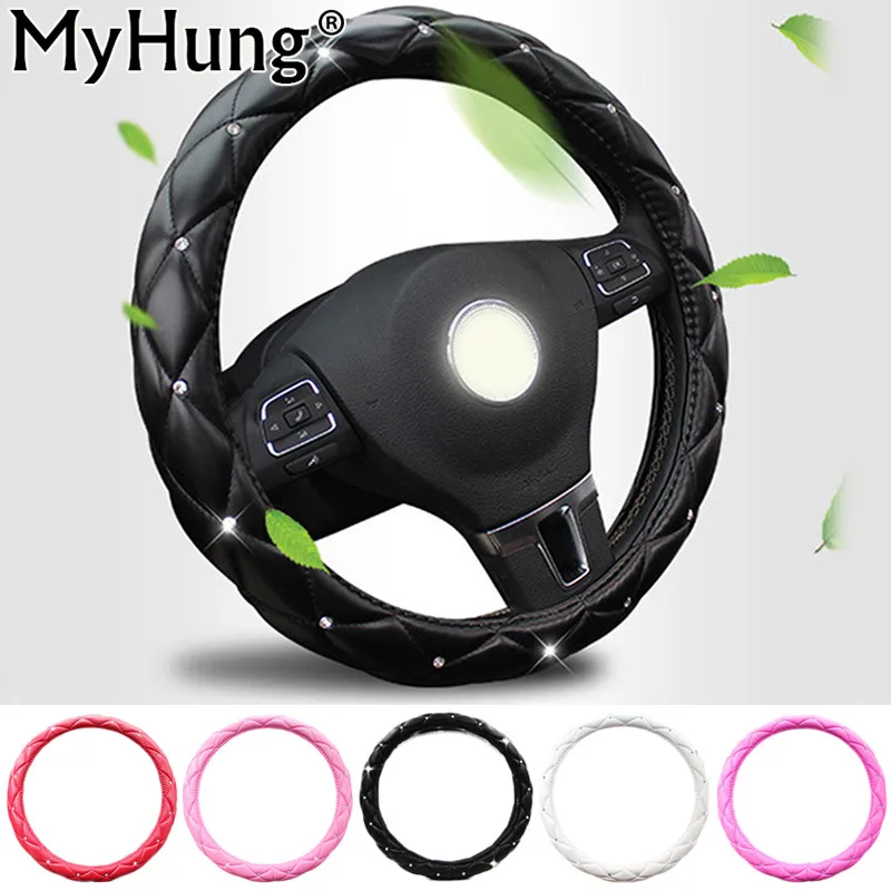 Crystal Rhinestone Covered Car Steering Wheel Cover Leather Auto