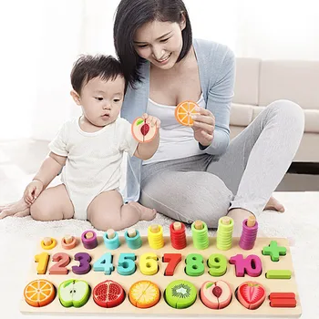 

Baby Early Education Teaching Math Toys 3in1 Children Wooden Toys Digital Logarithmic Plate Toy Magnetic Fruit Cut Blocks