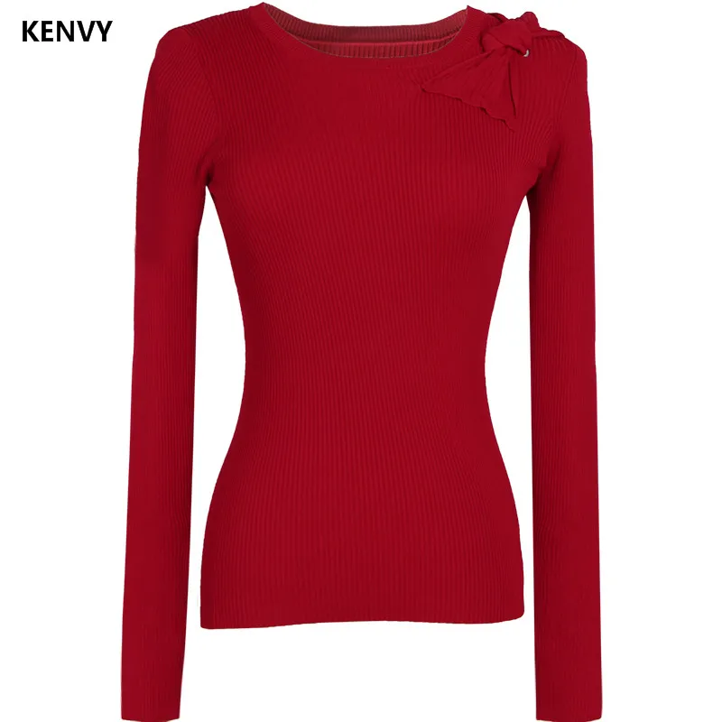 

KENVY Brand fashion women's high-end luxury autumn winter wild round neck Slim bow stitching knitted sweater