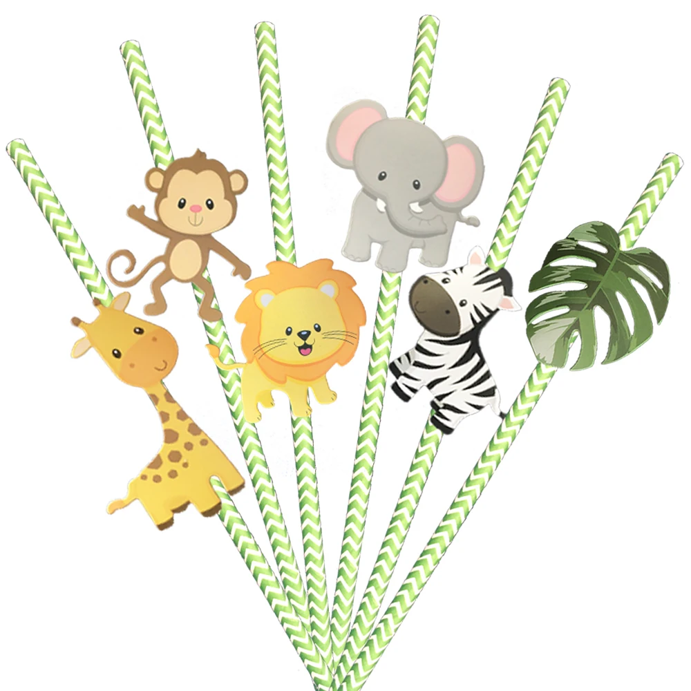 36PCS Birthday Party Decoration Kids Jungle Animal Environmental Paper Pipette Unicorn Theme Party Drinking Straw