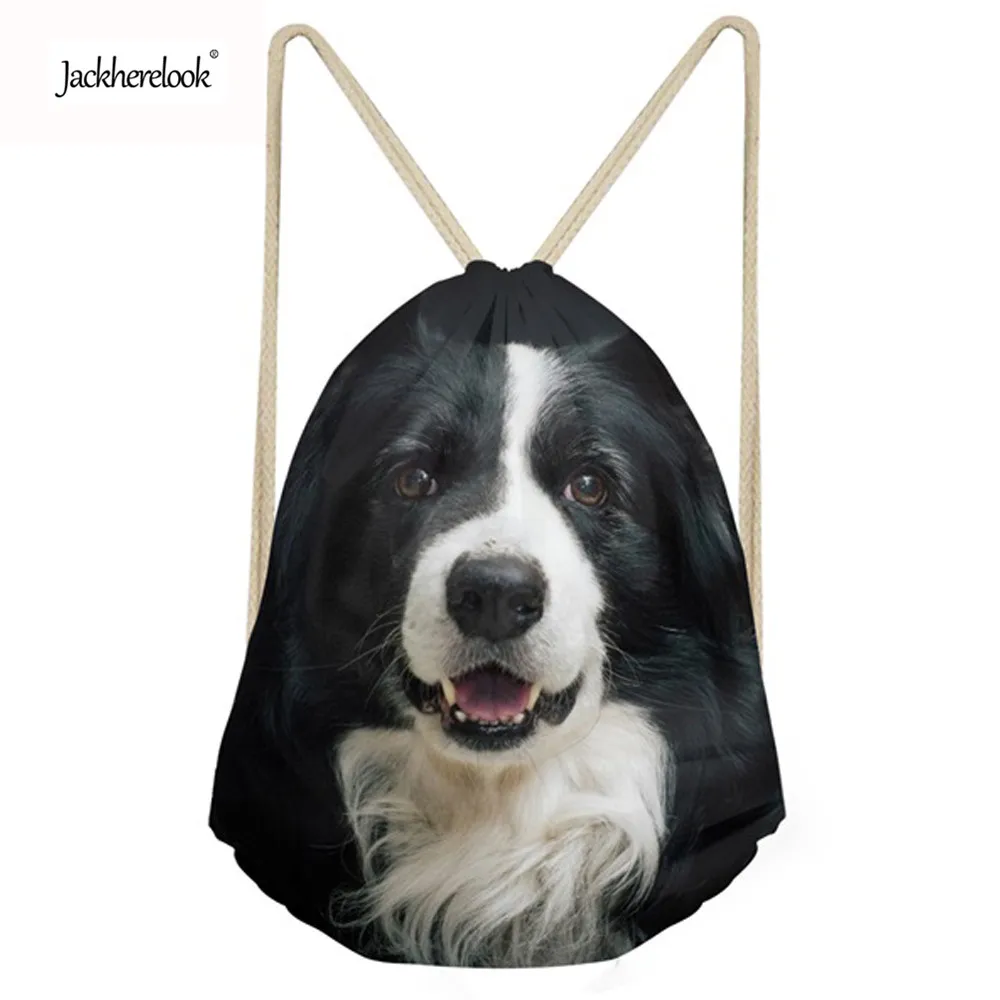 Jackherelook Women Dog Border Collie Pattern Drawstring Backpack Travel Softback Mochila Cute Fashion Drawstring Bag for