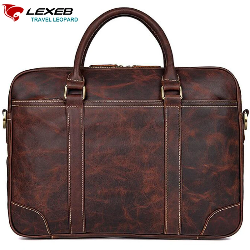 LEXEB Full Grain Leather Briefcases Men Business 15 Inches Laptop