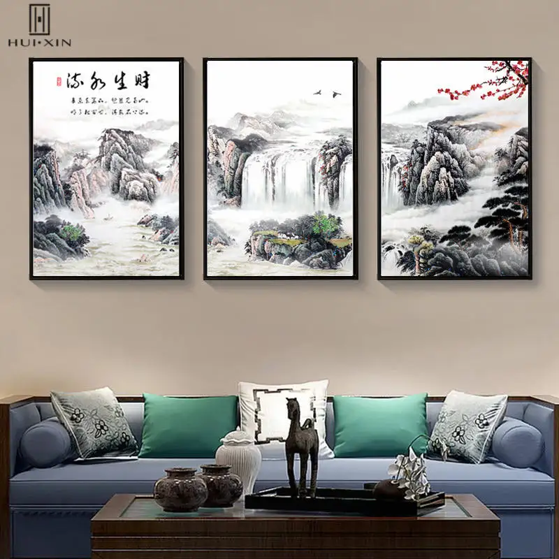 

Traditional Chinese Mountains Rivers Painting Style Waterfalls Cliff Decorative Canvas Posters For Home Sofa Background Decor