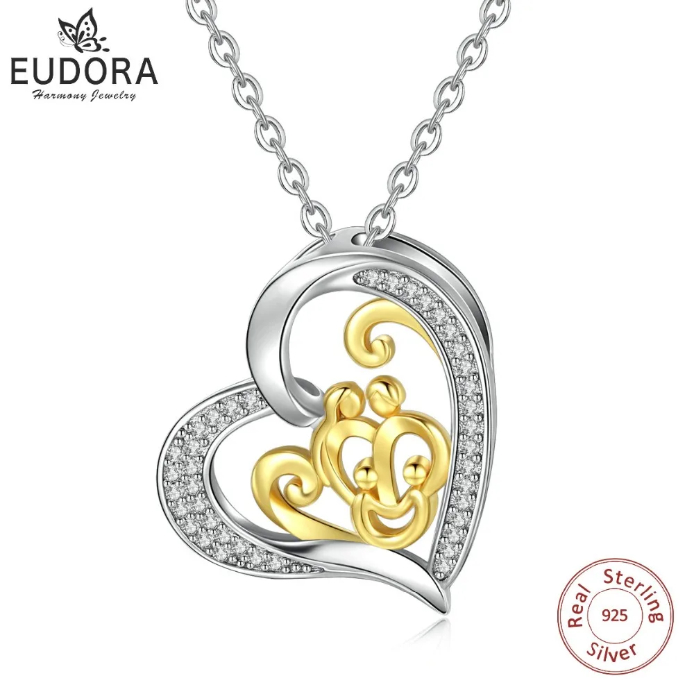 

EUDORA 925 Sterling Silver Family Parents & Children Pendant Necklace Fine Jewelry Luck Heart Charm Mom Dad Birthday gift D291
