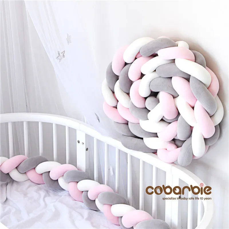 Ruiying Baby Braided Crib Bumpers Long Knot Pillow Cushion,Nursery Bedding Cot Safety Fence Stroller Bumpers Room Decor 200CM Pink White Gray