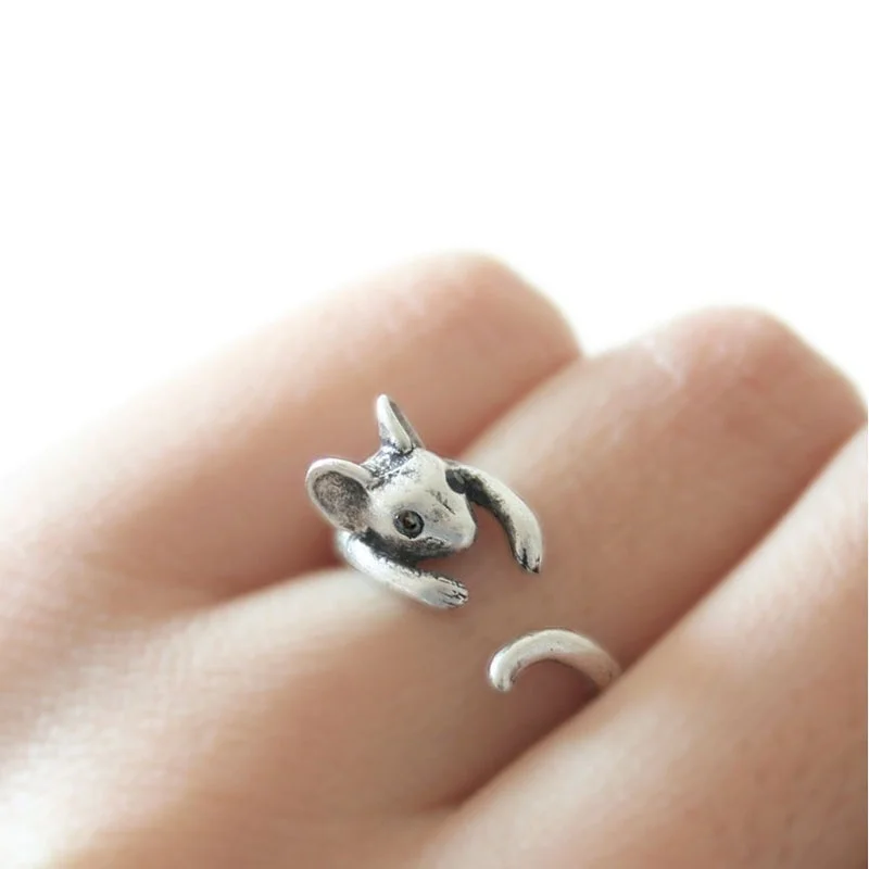 

Mouse Ring Antique Silver Bronze Women's Girl's Retro Burnished Rat Mice Animal Ring Jewelry Wrap Ring Black Crystal Gift Idea