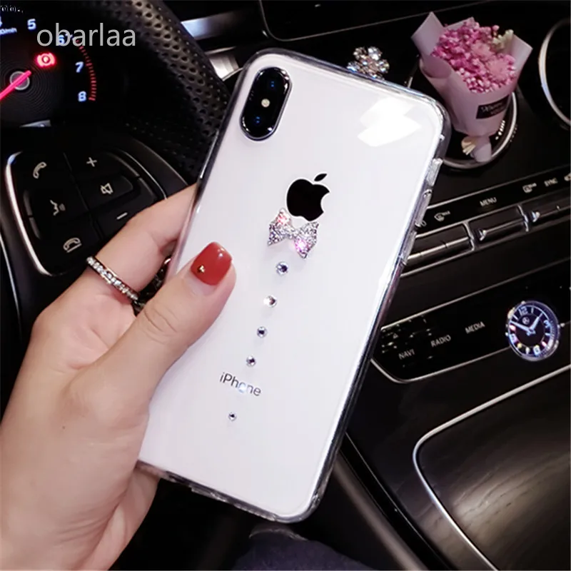 

For iPhone 6 6S 7 8 Plus X XR XS MAX Luxury Glitter Women cute rhinestone bow transparent soft Phone case Soft Rubber Back cover