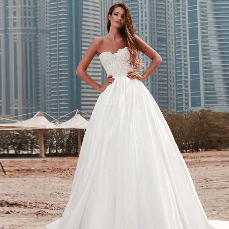 

Eightale Satin Wedding Dress Boho Sweethart Appliques Lace Wedding Gowns Custom Made Bride Dress 2019 vestidos de novia