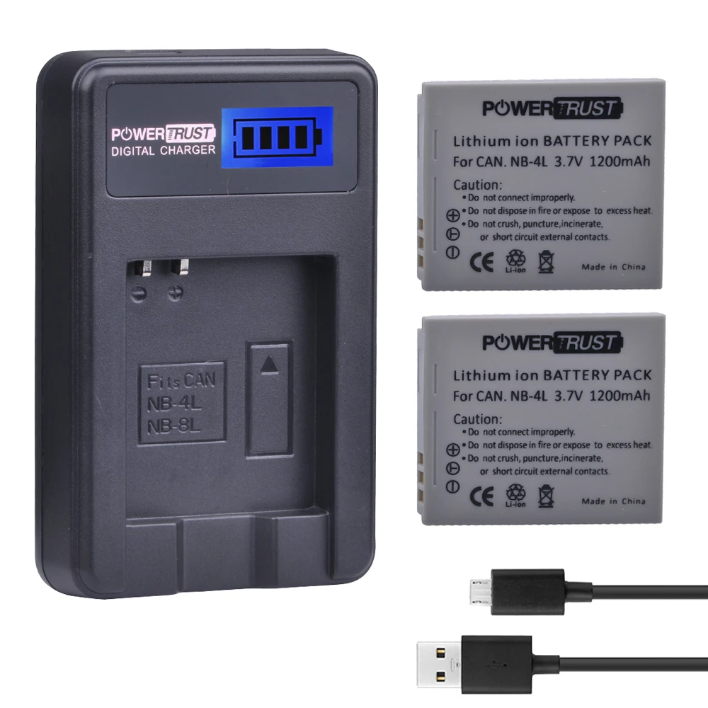 Зарядное устройство PowerTrust 2 шт. 1200 мач для телефона NB 4L NB4L + зарядное USB с жк
